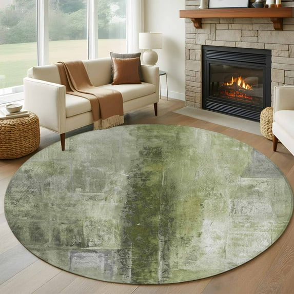 8ft Round Rug, Sage Green Non-Skid Rubber Backing Large Area Rugs - Living Room Bedroom Home Office, Retro Oil Painting Modern Abstract Art Aesthetics Indoor Floor Mat Carpets Washable Rug