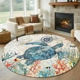 thumbnail image 1 of 8ft Round Rug, Sea Turtle Coastal Non-Skid Rubber Backing Large Area Rugs - Living Room Bedroom Home Office, Vintage Beach Coral Starfish Nautical Indoor Floor Mat Carpets Washable Rug, 1 of 9