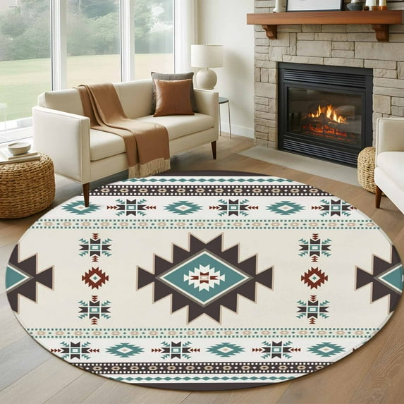 8ft Round Rug, Southwest Ethnic Non-Skid Rubber Backing Large Area Rugs - Living Room Bedroom Home Office, Boho Aztec Tribal Abstract Aesthetic Indoor Floor Mat Carpets Washable Rug