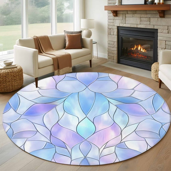 8ft Round Rug, Stained Glass Non-Skid Rubber Backing Large Area Rugs - Living Room Bedroom Home Office, Blue Purple Floral Geometric Indoor Floor Mat Carpets Washable Rug