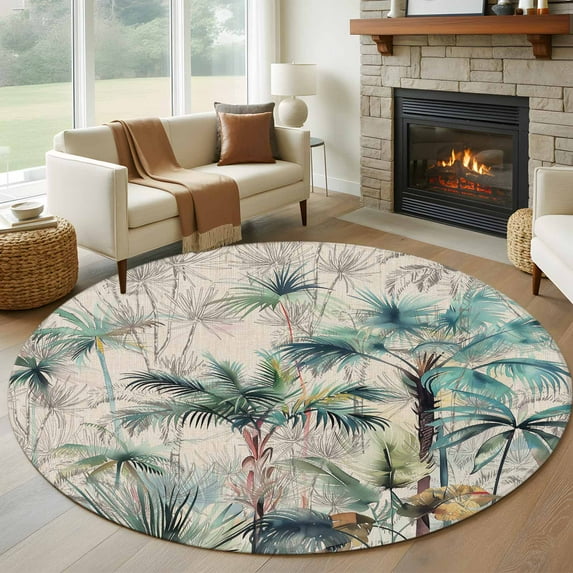 8ft Round Rug, Summer Palm Trees Non-Skid Rubber Backing Large Area Rugs - Living Room Bedroom Home Office, Vintage Botanical Tropical Leaves Indoor Floor Mat Carpets Washable Rug