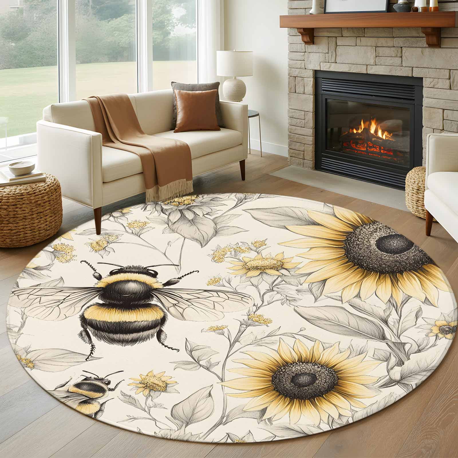 8ft Round Rug, Sunflowers Bees Non-Skid Rubber Backing Large Area Rugs ...