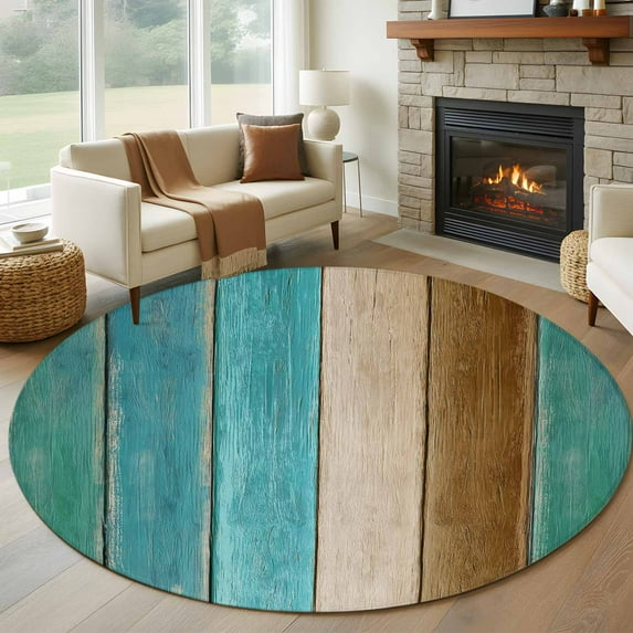 8ft Round Rug, Teal Blue Brown Non-Skid Rubber Backing Large Area Rugs - Living Room Bedroom Home Office, Vintage Farmhouse Art Wooden Retro Indoor Floor Mat Carpets Washable Rug