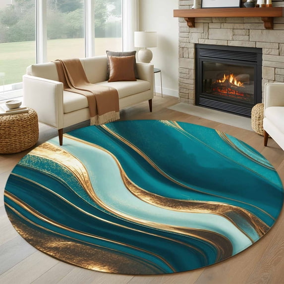 8ft Round Rug, Teal Marble Non-Skid Rubber Backing Large Area Rugs - Living Room Bedroom Home Office, Modern Abstract Gold Fluid Art Indoor Floor Mat Carpets Washable Rug