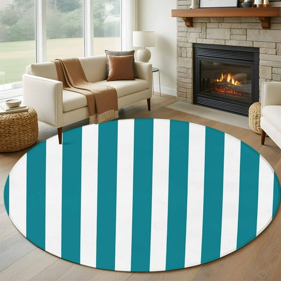 8ft Round Rug, Teal Striped Non-Skid Rubber Backing Large Area Rugs - Living Room Bedroom Home Office, Simple Art Vertical Stripe Farmhouse Indoor Floor Mat Carpets Washable Rug