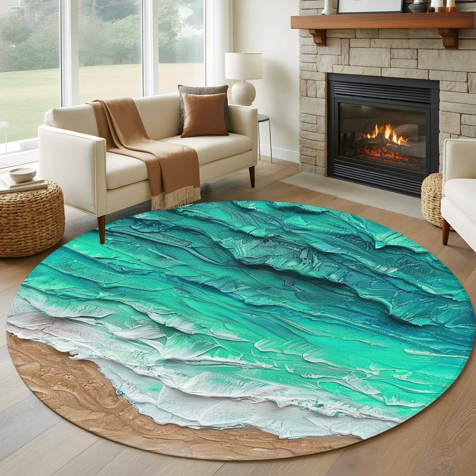 8ft Round Rug, Turquoise Coastal Beach Non-Skid Rubber Backing Large ...