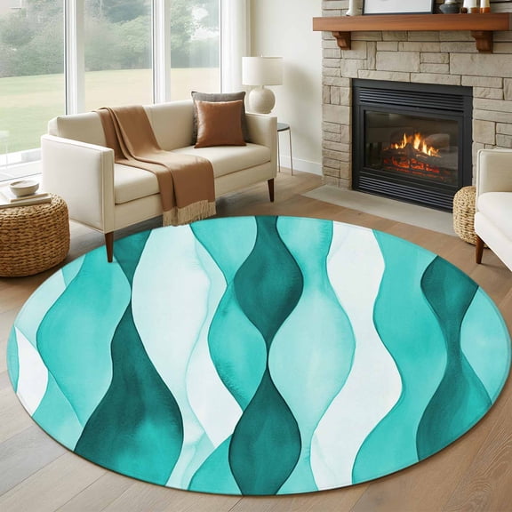 8ft Round Rug, Turquoise Stripes Non-Skid Rubber Backing Large Area Rugs - Living Room Bedroom Home Office, Vintage Farmhouse Ripple Texture Art Indoor Floor Mat Carpets Washable Rug