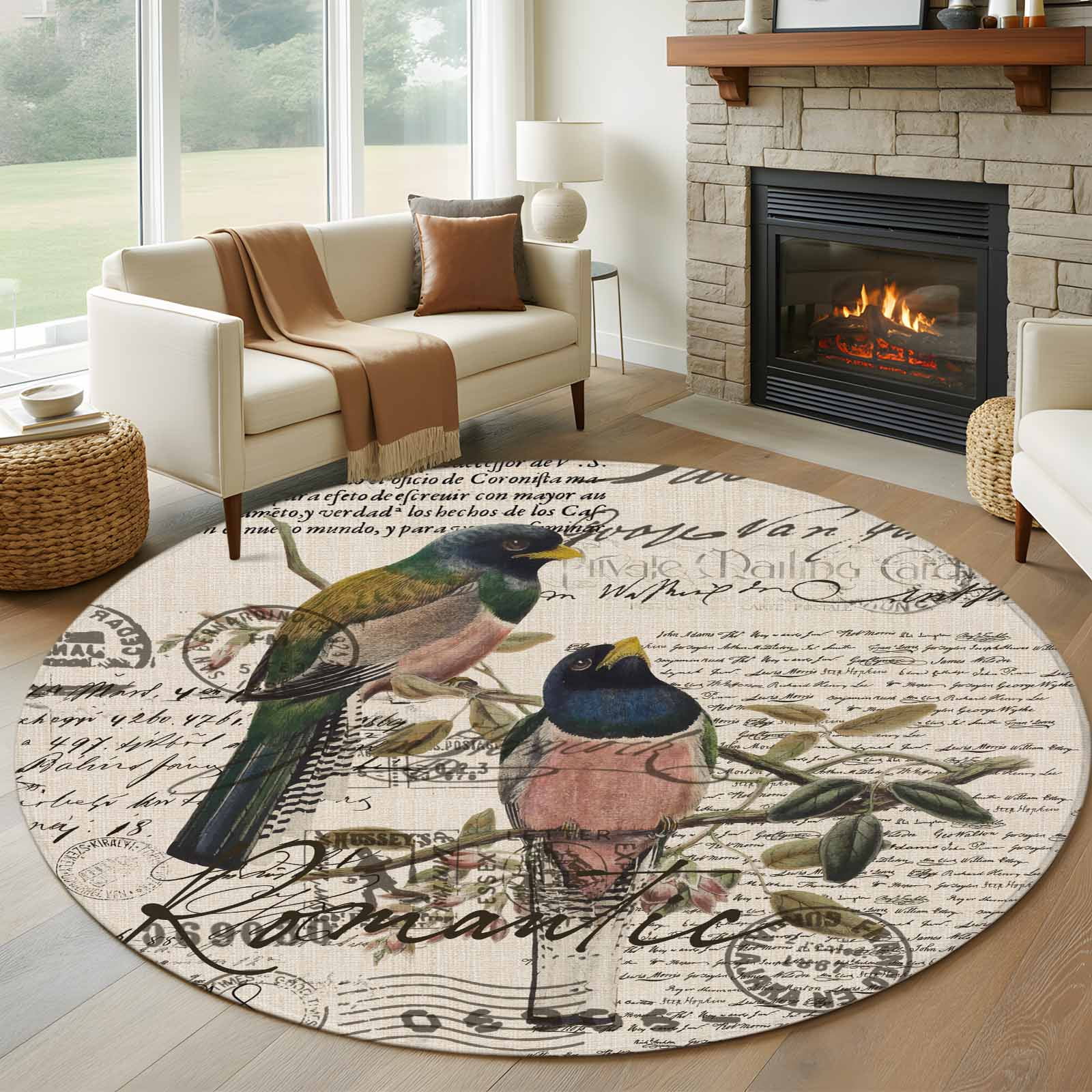 8ft Round Rug, Vintage Birds Non-Skid Rubber Backing Large Area Rugs ...