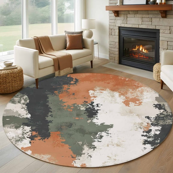 8ft Round Rug, Vintage Sage Green Orange Non-Skid Rubber Backing Large Area Rugs - Living Room Bedroom Home Office, Modern Abstract Art Indoor Floor Mat Carpets Washable Rug