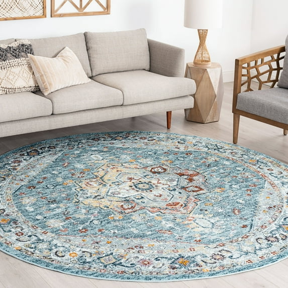 8ft Round Traditional Gray Blue Round Area Rugs for Living Room | Bedroom Rug | Dining Room Rug | Indoor Entry or Entryway Rug | Kitchen Rug | Alfombras para Salas 7'10'' Round