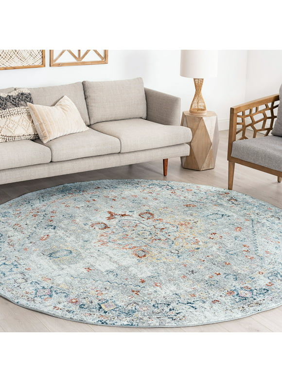 8ft Round Traditional Silver Round Area Rugs for Living Room | Bedroom Rug | Dining Room Rug | Indoor Entry or Entryway Rug | Kitchen Rug | Alfombras para Salas 7'10'' Round