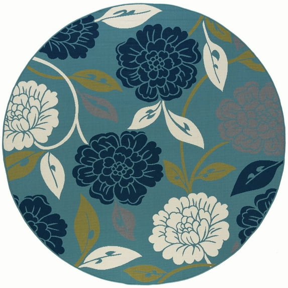 8ft Round Water Resistant, Large Indoor Outdoor Rugs for Patios, Front Door Entry, Entryway, Deck, Porch, Balcony | Outside Area Rug for Patio | Aqua, Floral | Size: 7'10'' Round