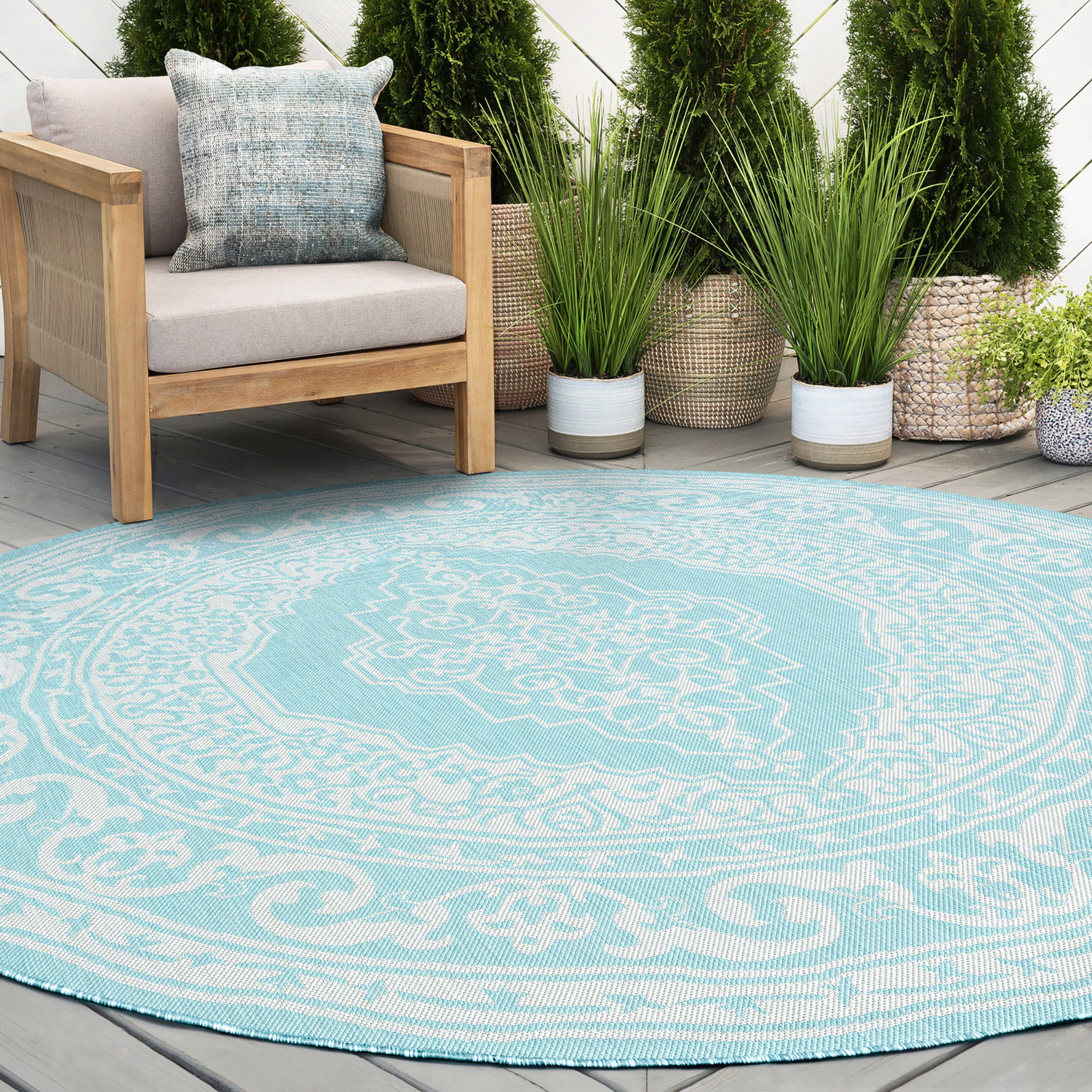 8ft Round Water Resistant, Large Indoor Outdoor Rugs for Patios, Front Door Entry, Entryway, Deck, Porch, Balcony | Outside Area Rug for Patio | Aqua, Floral | Size: 7'11'' Round