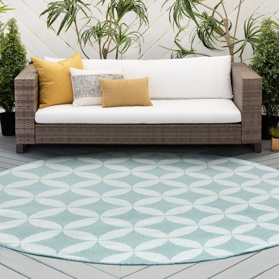 8ft Round Water Resistant, Large Indoor Outdoor Rugs for Patios, Front Door Entry, Entryway, Deck, Porch, Balcony | Outside Area Rug for Patio | Aqua, Geometric | Size: 7'11'' Round