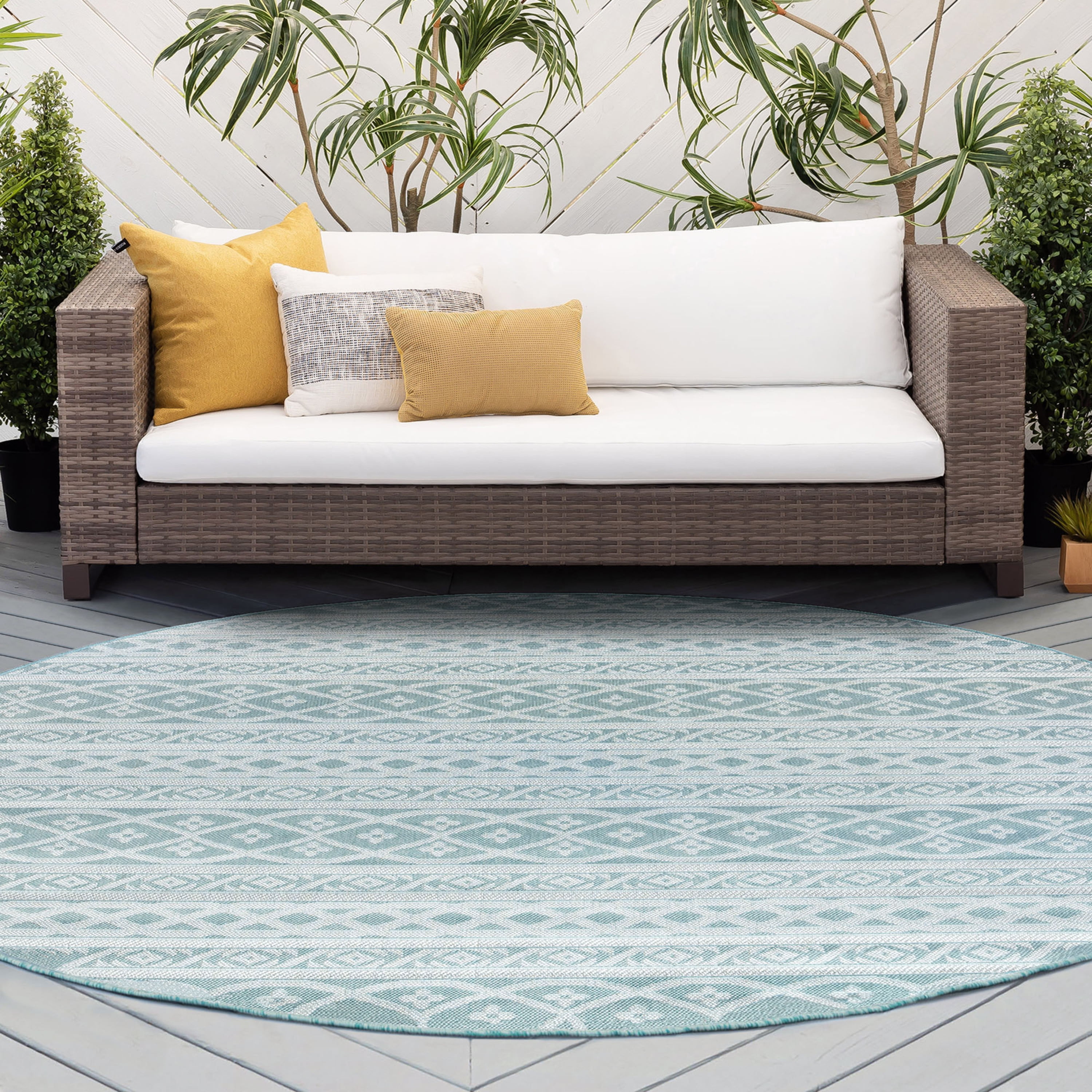 8ft Round Water Resistant, Large Indoor Outdoor Rugs for Patios, Front Door Entry, Entryway, Deck, Porch, Balcony | Outside Area Rug for Patio | Aqua, Stripe | Size: 7'11'' Round