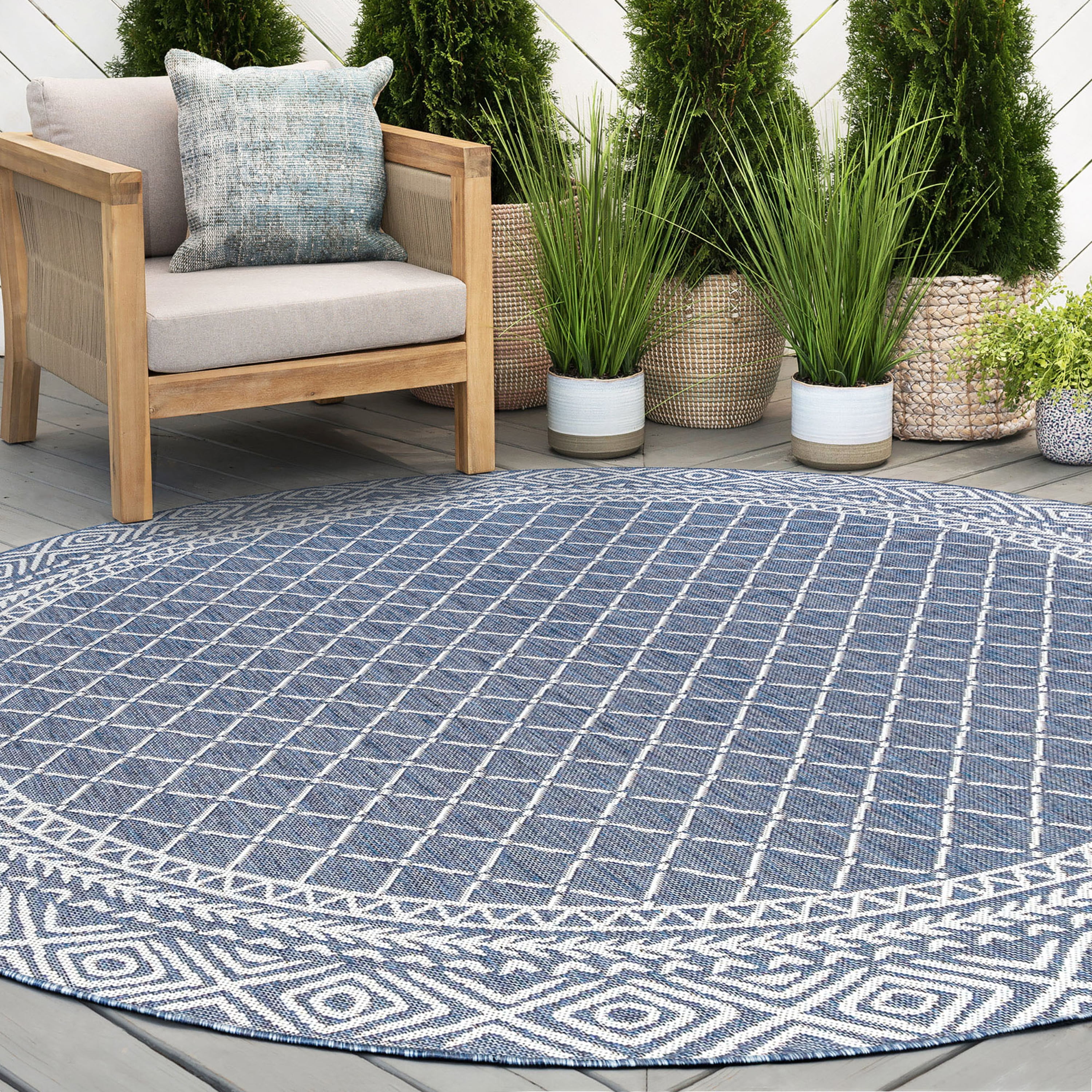 8ft Round Water Resistant, Large Indoor Outdoor Rugs for Patios, Front Door Entry, Entryway, Deck, Porch, Balcony | Outside Area Rug for Patio | Blue, Diamond | Size: 7'11'' Round