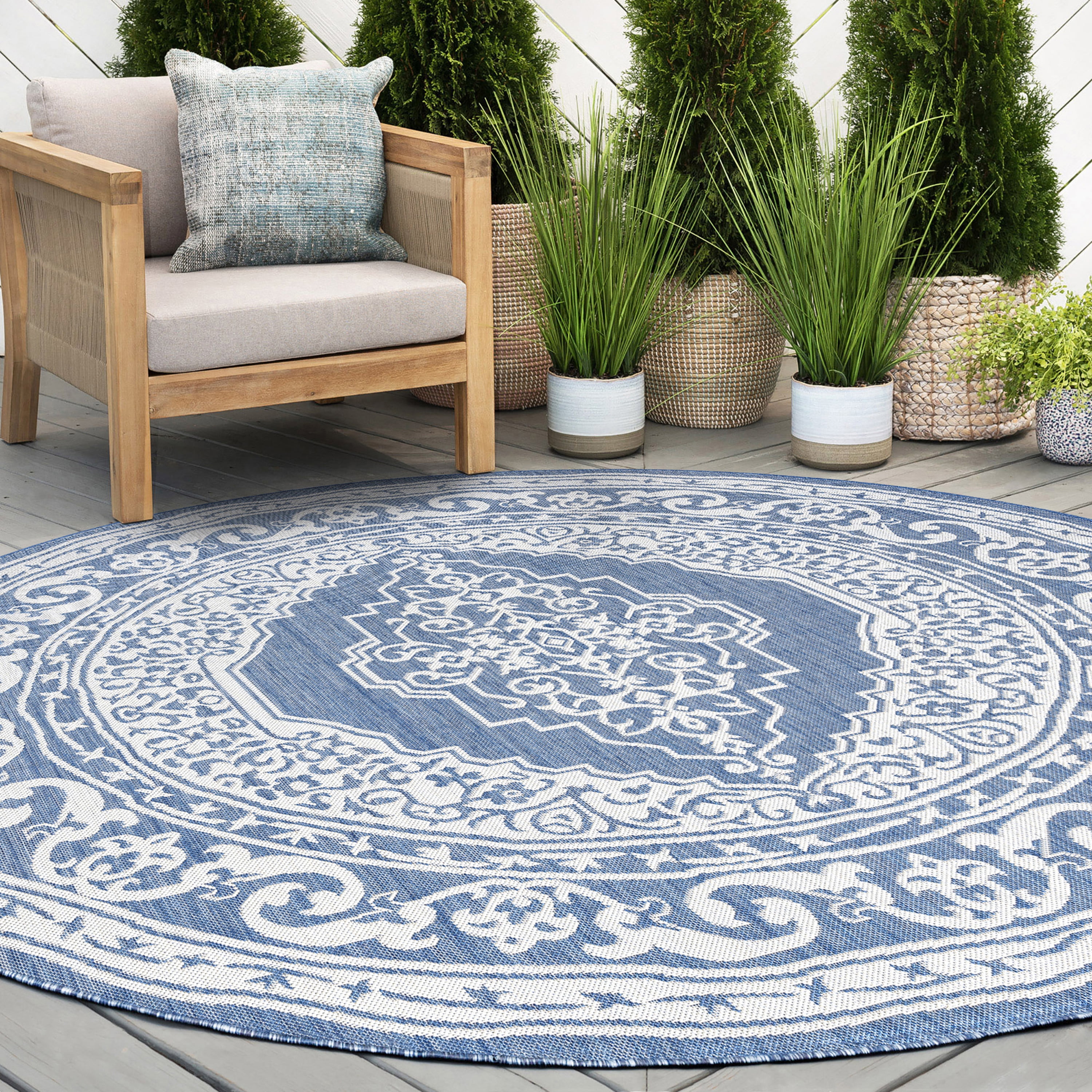 8ft Round Water Resistant, Large Indoor Outdoor Rugs for Patios, Front Door Entry, Entryway, Deck, Porch, Balcony | Outside Area Rug for Patio | Blue, Floral | Size: 7'11'' Round