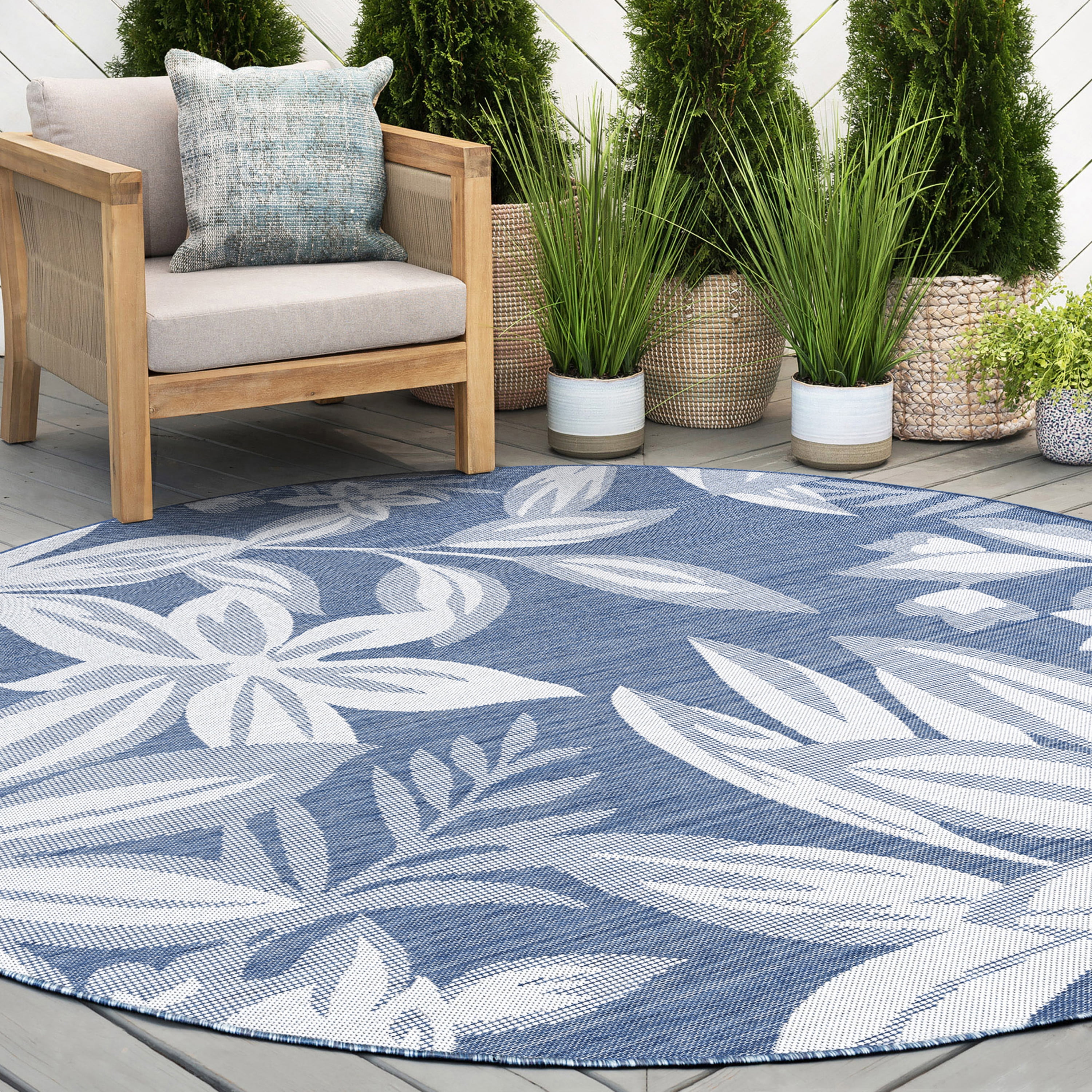 8ft Round Water Resistant, Large Indoor Outdoor Rugs for Patios, Front Door Entry, Entryway, Deck, Porch, Balcony | Outside Area Rug for Patio | Blue, Floral | Size: 7'11'' Round