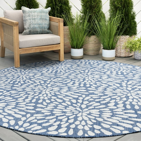 8ft Round Water Resistant, Large Indoor Outdoor Rugs for Patios, Front Door Entry, Entryway, Deck, Porch, Balcony | Outside Area Rug for Patio | Blue, Floral | Size: 7'11'' Round