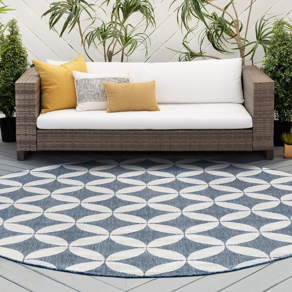 8ft Round Water Resistant, Large Indoor Outdoor Rugs for Patios, Front Door Entry, Entryway, Deck, Porch, Balcony | Outside Area Rug for Patio | Blue, Geometric | Size: 7'11'' Round