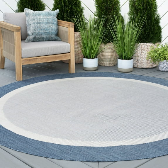 8ft Round Water Resistant, Large Indoor Outdoor Rugs for Patios, Front Door Entry, Entryway, Deck, Porch, Balcony | Outside Area Rug for Patio | Blue, Solid Border | Size: 7'10'' Round