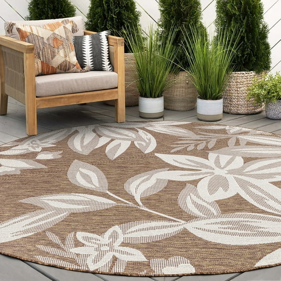 8ft Round Water Resistant, Large Indoor Outdoor Rugs for Patios, Front Door Entry, Entryway, Deck, Porch, Balcony | Outside Area Rug for Patio | Brown, Floral | Size: 7'11'' Round