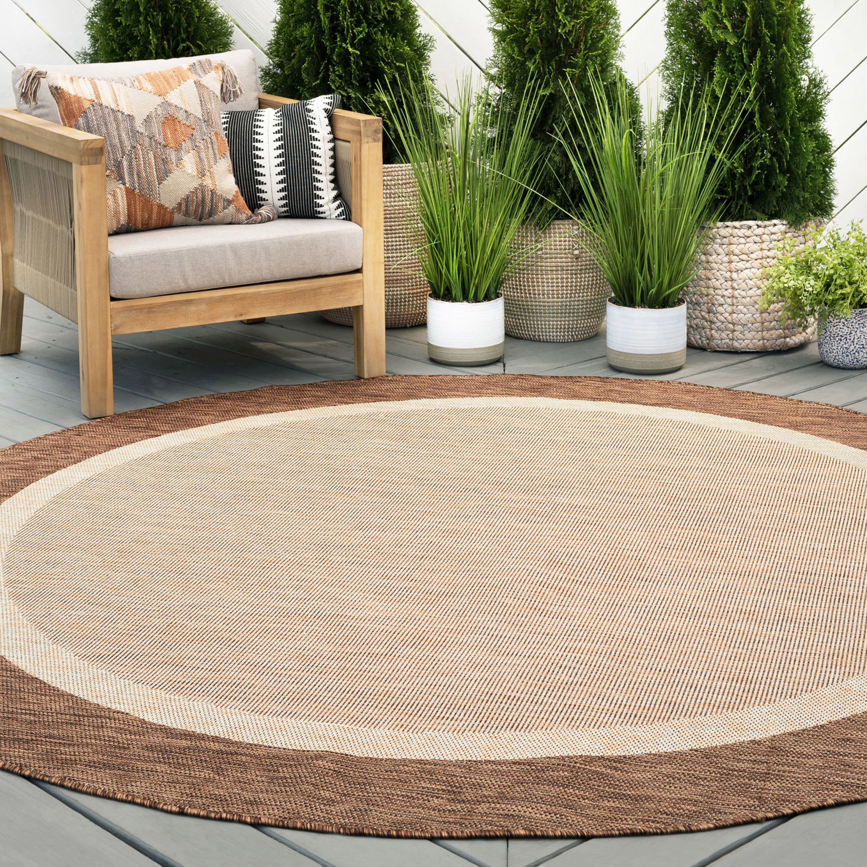 8ft Round Water Resistant, Large Indoor Outdoor Rugs for Patios, Front Door Entry, Entryway, Deck, Porch, Balcony | Outside Area Rug for Patio | Brown, Solid Border | Size: 7'10'' Round