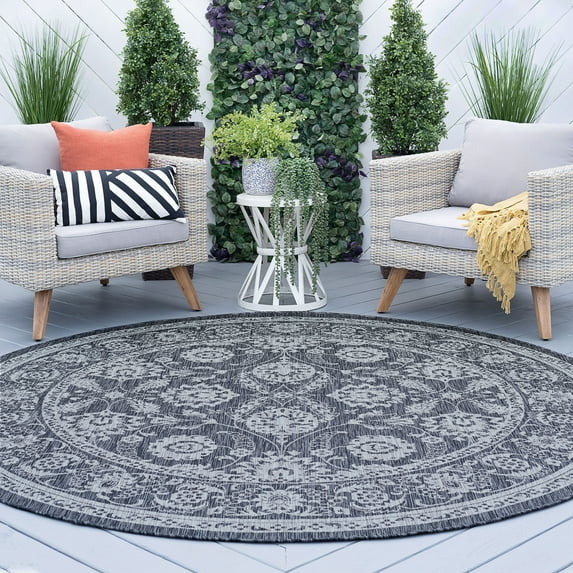 8ft Round Water Resistant, Large Indoor Outdoor Rugs for Patios, Front Door Entry, Entryway, Deck, Porch, Balcony | Outside Area Rug for Patio | Charcoal, Border | Size: 7'10'' Round