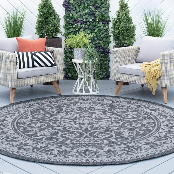 8ft Round Water Resistant, Large Indoor Outdoor Rugs for Patios, Front Door Entry, Entryway, Deck, Porch, Balcony | Outside Area Rug for Patio | Charcoal, Floral | Size: 7'10'' Round