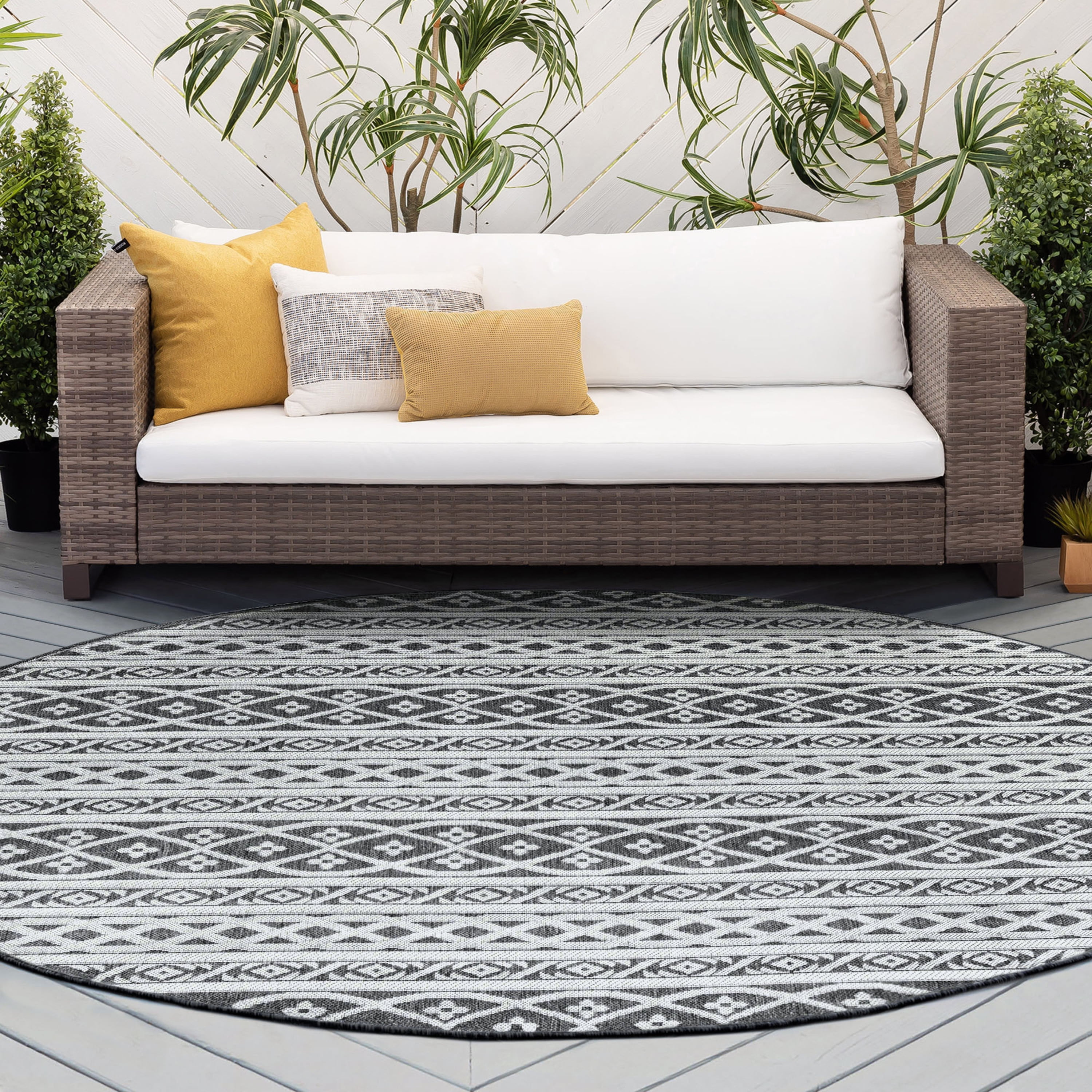 8ft Round Water Resistant, Large Indoor Outdoor Rugs for Patios, Front Door Entry, Entryway, Deck, Porch, Balcony | Outside Area Rug for Patio | Charcoal, Stripe | Size: 7'11'' Round