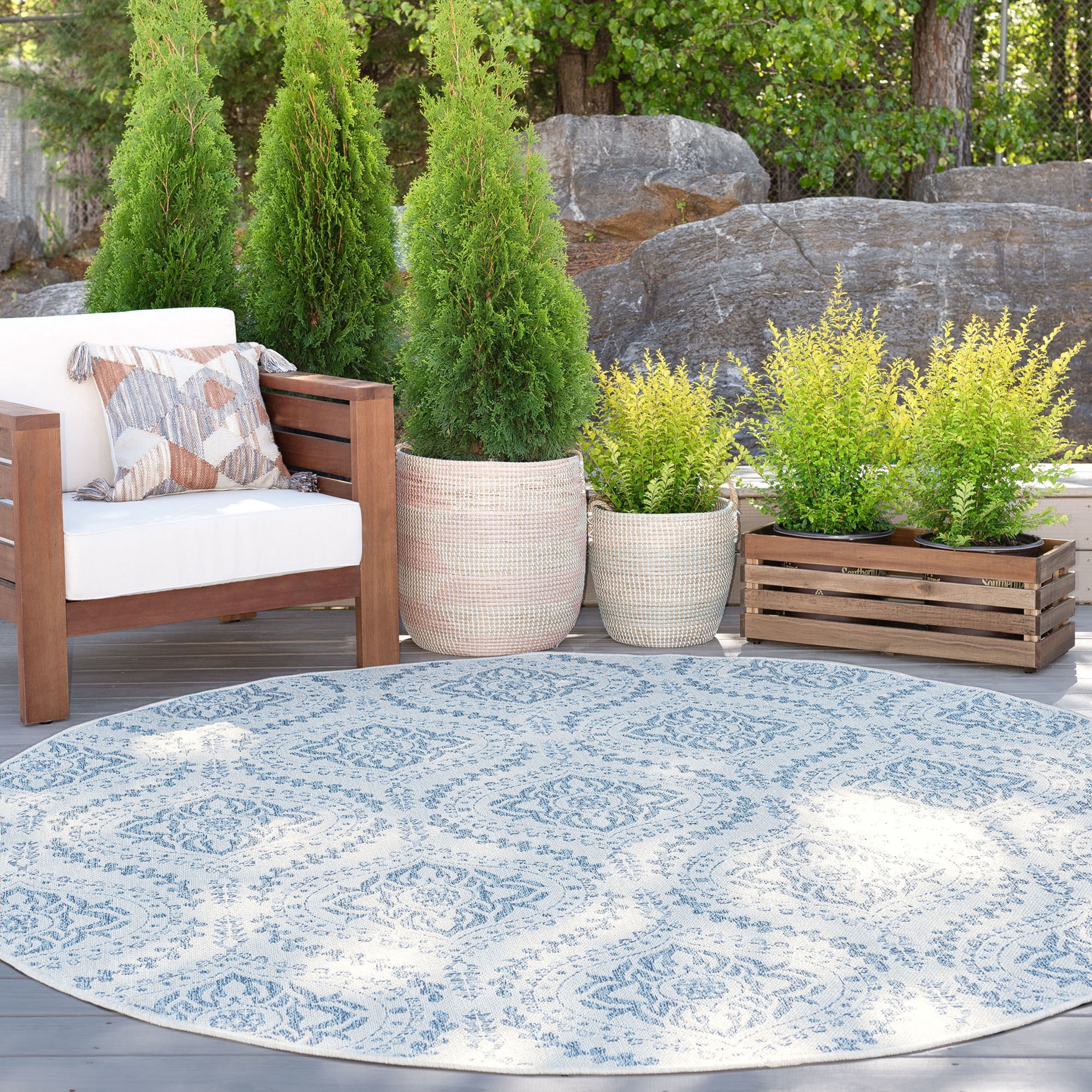 8ft Round Water Resistant, Large Indoor Outdoor Rugs for Patios, Front Door Entry, Entryway, Deck, Porch, Balcony | Outside Area Rug for Patio | Cream, Damask | Size: 7'10'' Round