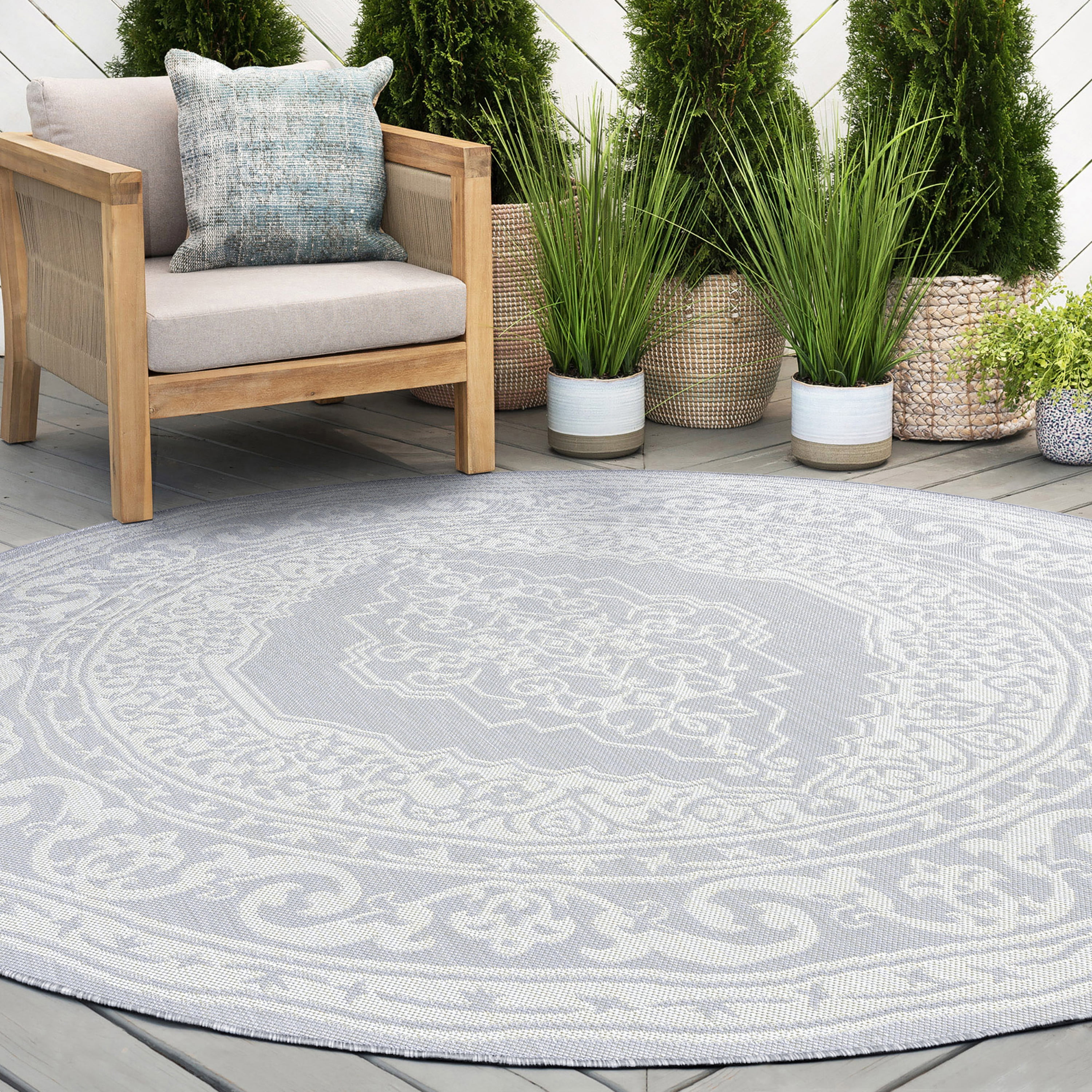 8ft Round Water Resistant, Large Indoor Outdoor Rugs for Patios, Front Door Entry, Entryway, Deck, Porch, Balcony | Outside Area Rug for Patio | Gray, Floral | Size: 7'11'' Round