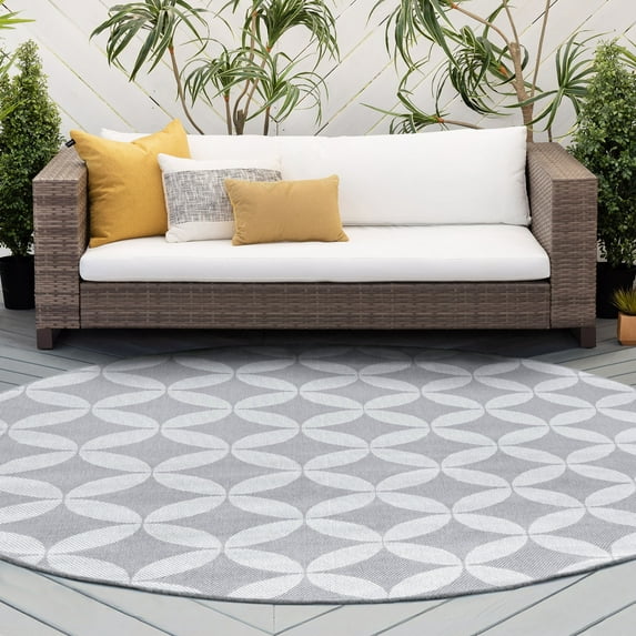 8ft Round Water Resistant, Large Indoor Outdoor Rugs for Patios, Front Door Entry, Entryway, Deck, Porch, Balcony | Outside Area Rug for Patio | Gray, Geometric | Size: 7'11'' Round