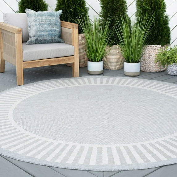 8ft Round Water Resistant, Large Indoor Outdoor Rugs for Patios, Front Door Entry, Entryway, Deck, Porch, Balcony | Outside Area Rug for Patio | Gray, Striped Border | Size: 7'10'' Round