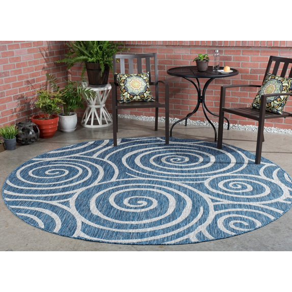 8ft Round Water Resistant, Large Indoor Outdoor Rugs for Patios, Front Door Entry, Entryway, Deck, Porch, Balcony | Outside Area Rug for Patio | Indigo, Geometric | Size: 7'10'' Round