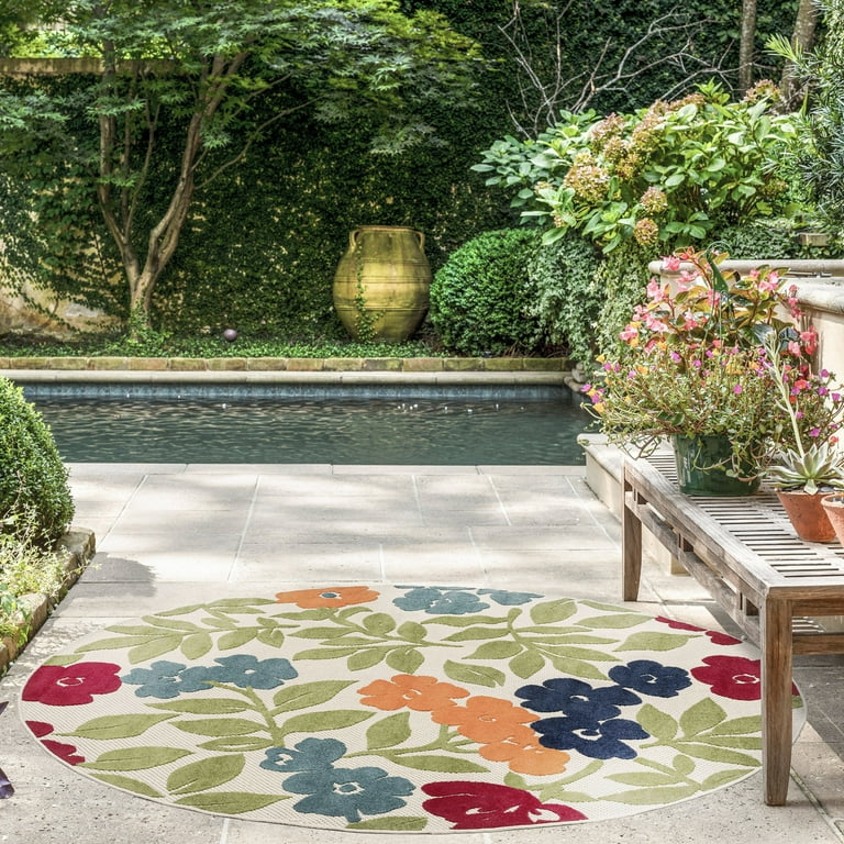 8' Round Blue And Ivory Round Floral Stain Resistant Indoor Outdoor Area Rug 8' Round Blue And Ivory Round Floral Stain Resistant Indoor Outdoor Area Rug