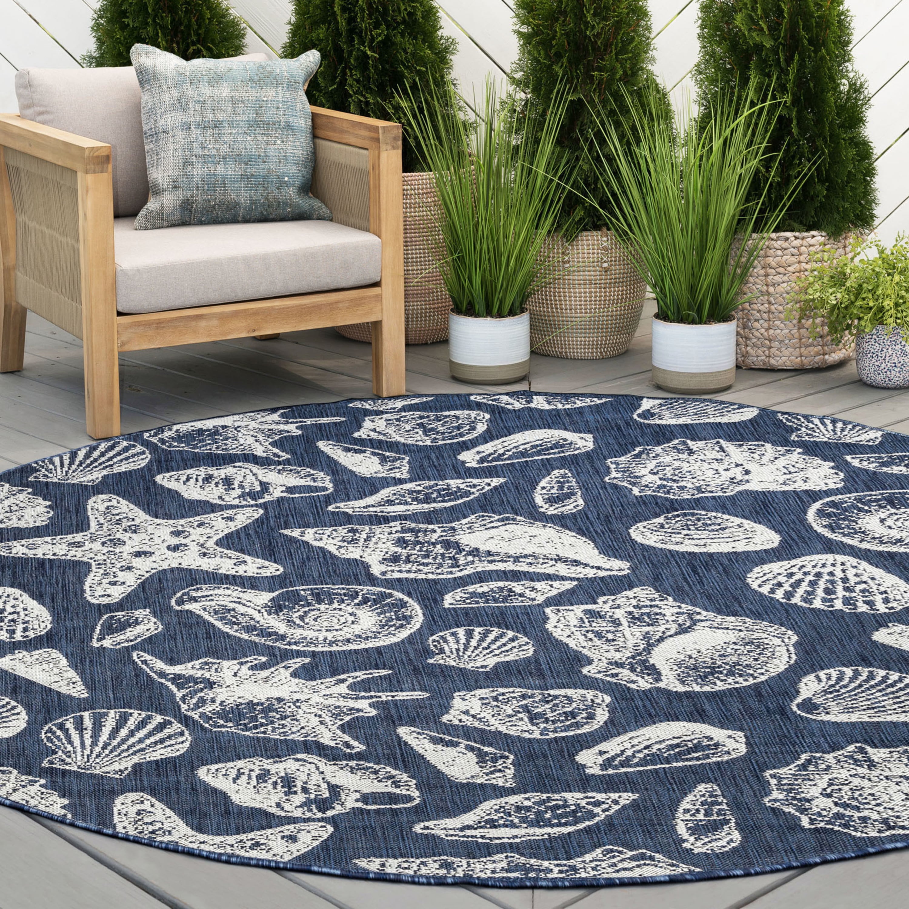8ft Round Water Resistant, Large Indoor Outdoor Rugs for Patios, Front Door Entry, Entryway, Deck, Porch, Balcony | Outside Area Rug for Patio | Navy, Coastal | Size: 7'10'' Round