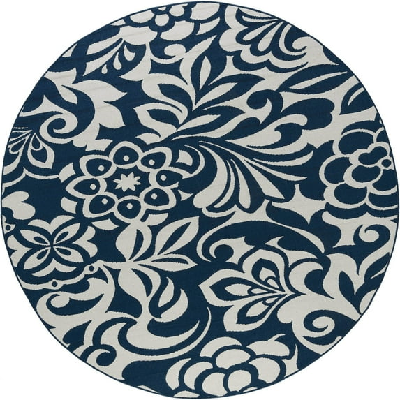 8ft Round Water Resistant, Large Indoor Outdoor Rugs for Patios, Front Door Entry, Entryway, Deck, Porch, Balcony | Outside Area Rug for Patio | Navy, Floral | Size: 7'10'' Round