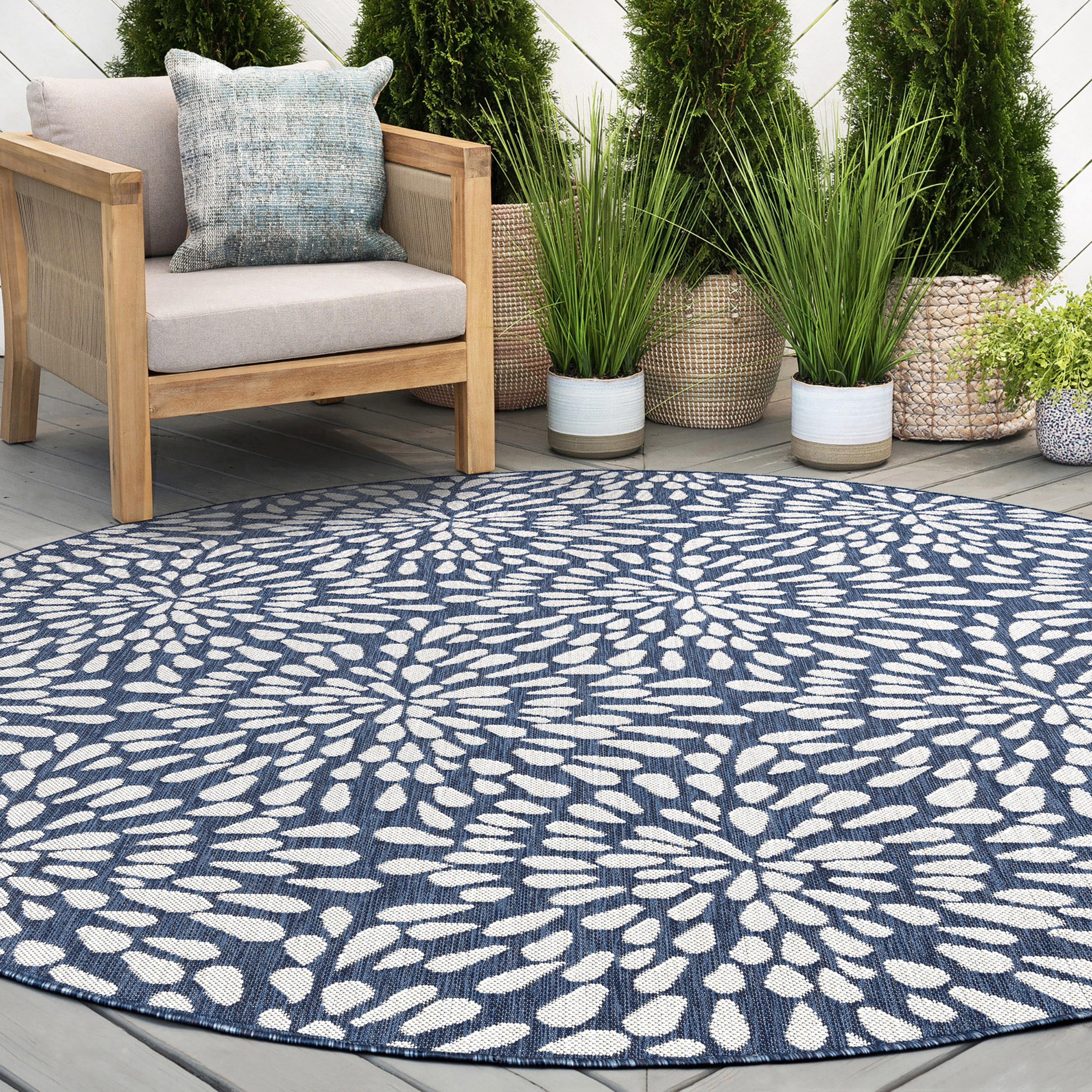 8ft Round Water Resistant, Large Indoor Outdoor Rugs for Patios, Front Door Entry, Entryway, Deck, Porch, Balcony | Outside Area Rug for Patio | Navy, Floral | Size: 7'11'' Round