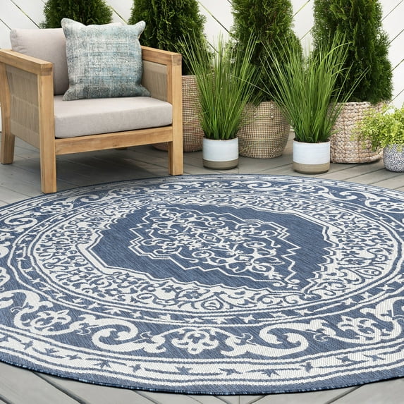 8ft Round Water Resistant, Large Indoor Outdoor Rugs for Patios, Front Door Entry, Entryway, Deck, Porch, Balcony | Outside Area Rug for Patio | Navy, Floral | Size: 7'11'' Round