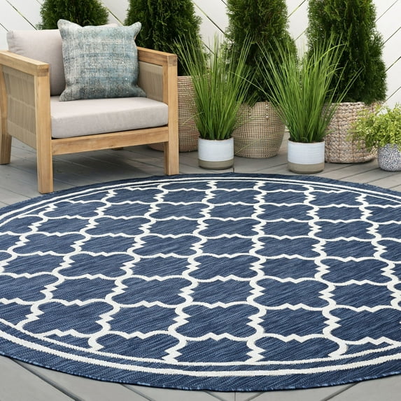 8ft Round Water Resistant, Large Indoor Outdoor Rugs for Patios, Front Door Entry, Entryway, Deck, Porch, Balcony | Outside Area Rug for Patio | Navy, Geometric | Size: 7'10'' Round