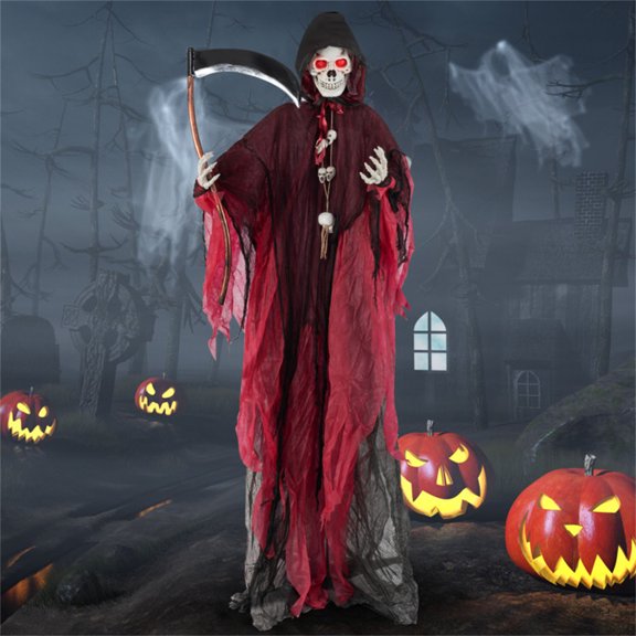 8ft Skeleton Decoration with Sound Activation, Flashing Lights, Scary Sound Effects, Adjustable Arms, Detailed Design