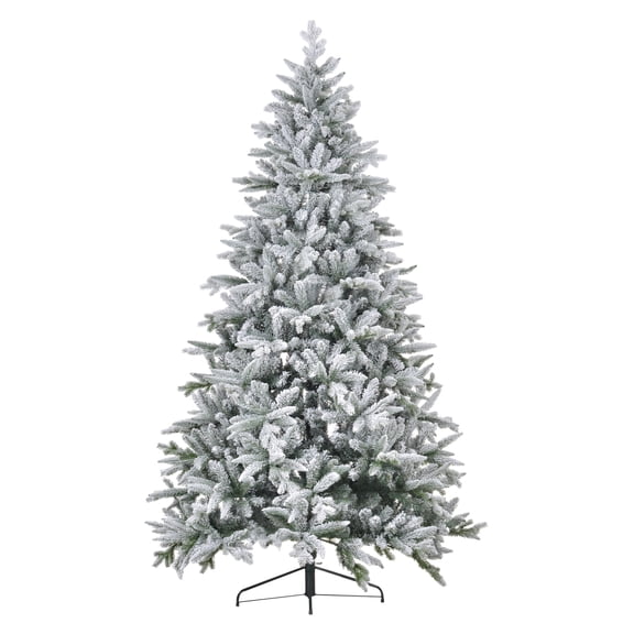 8ft Snow Flocked Artificial Christmas Tree with 2003 Tips, Foldable Metal Stand, Easy Assembly, Hinged Xmas Tree for Home, Office, Holiday, Green