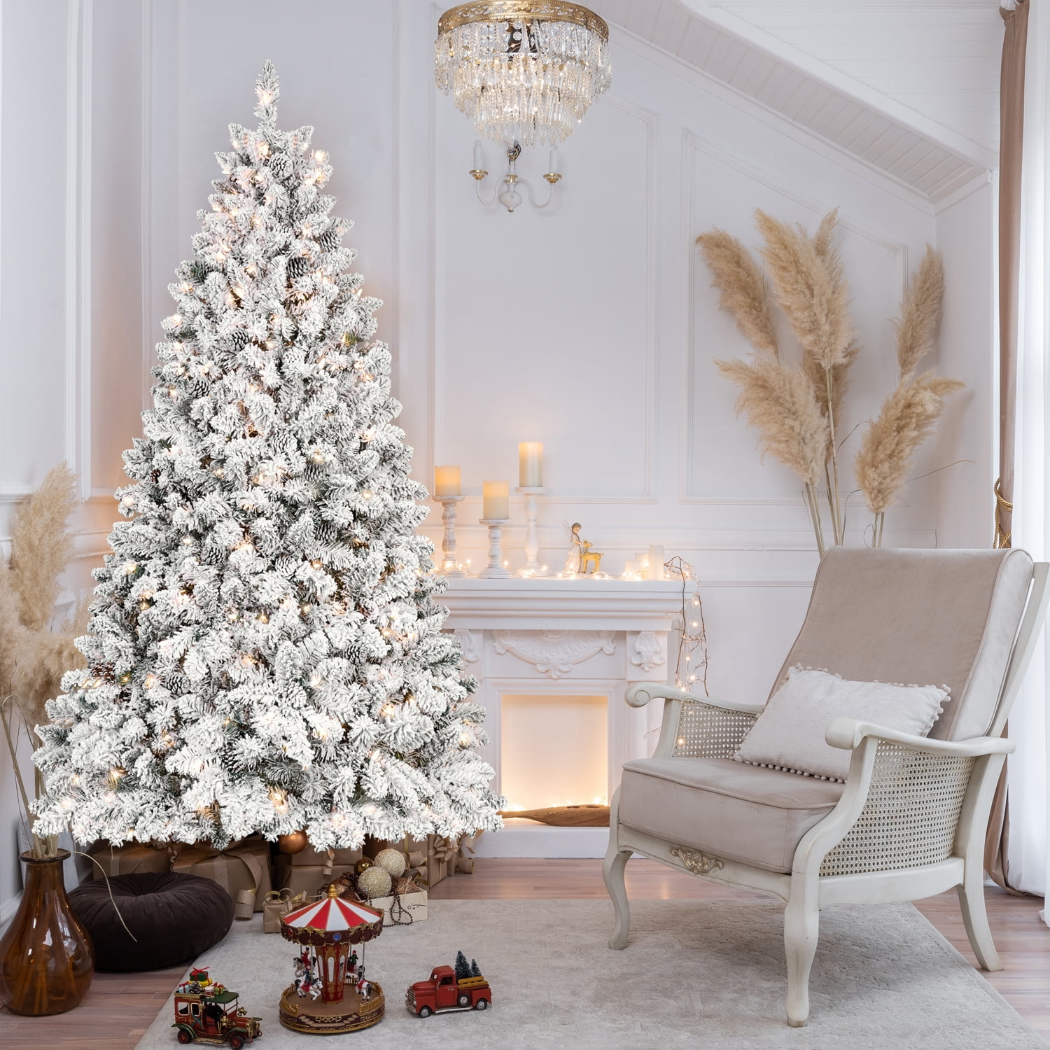 8ft Snow Flocked Christmas Tree 860 Tips 63 Pine Cones Hinged Branches Metal Stand Indoor Decor