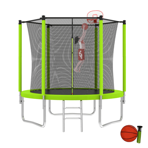 8ft Trampoline with Basketball Hoop, Netrum Ourdoor Upgraded Trampoline with Enclosure Net & Ladder, Heavy Duty Jumping Mat & Spring Cover Padding for Kids & Adults Green