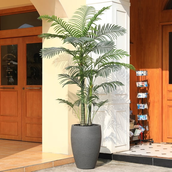 8ft UV Resistant Artificial Palm Tree with Grey Tall Planter, Pre Potted Fake Palm Tree for Indoor Outdoor Home Decor, Big Faux Plants Fake Plants for Office House Decor