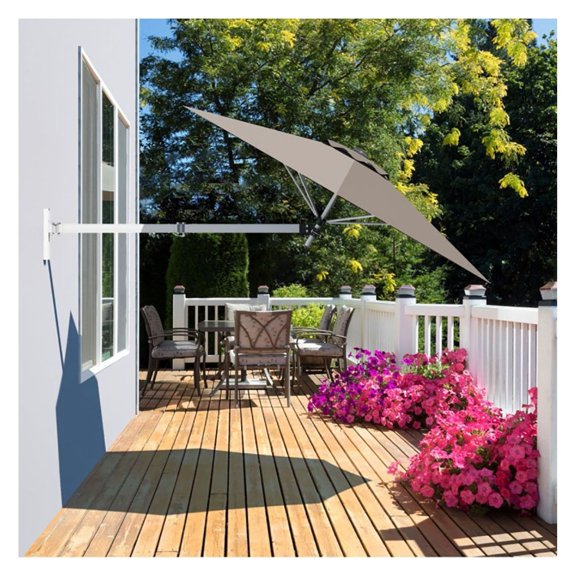 8ft Wall Mount Patio Umbrella, Adjustable Outdoor Parasol with Aluminum Pole & Polyester Canopy, Beige