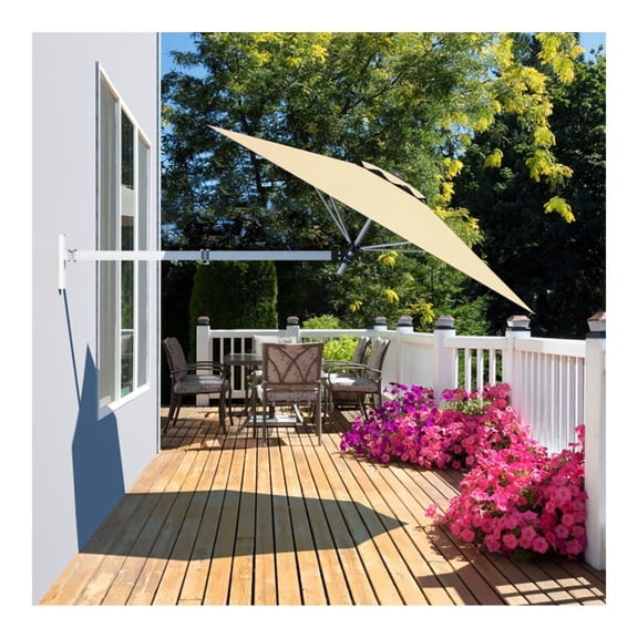 8ft Wall Mount Patio Umbrella Beige, Adjustable Outdoor Parasol with Polyester Canopy; Garden, Deck, Balcony Shade; Aluminum Pole, Wind Vent