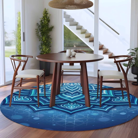 8ft Washable Large Round Rug, Abstract Art Non-Slip Circle Area Rug for Living Room Dining Room, Blue Gradient Flower 3D Geometric Stars Modern Indoor Floor Mat for Home Decor