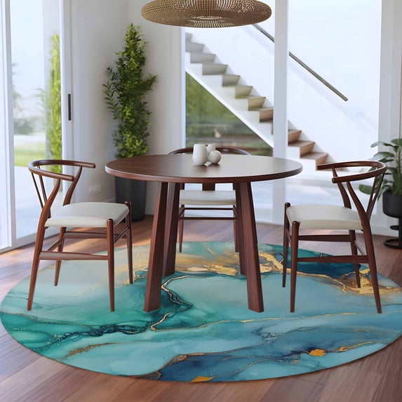 8ft Washable Large Round Rug, Abstract Flow Art Non-Slip Circle Area Rug for Living Room Dining Room, Green Gold Marble Texture Indoor Floor Mat for Home Decor